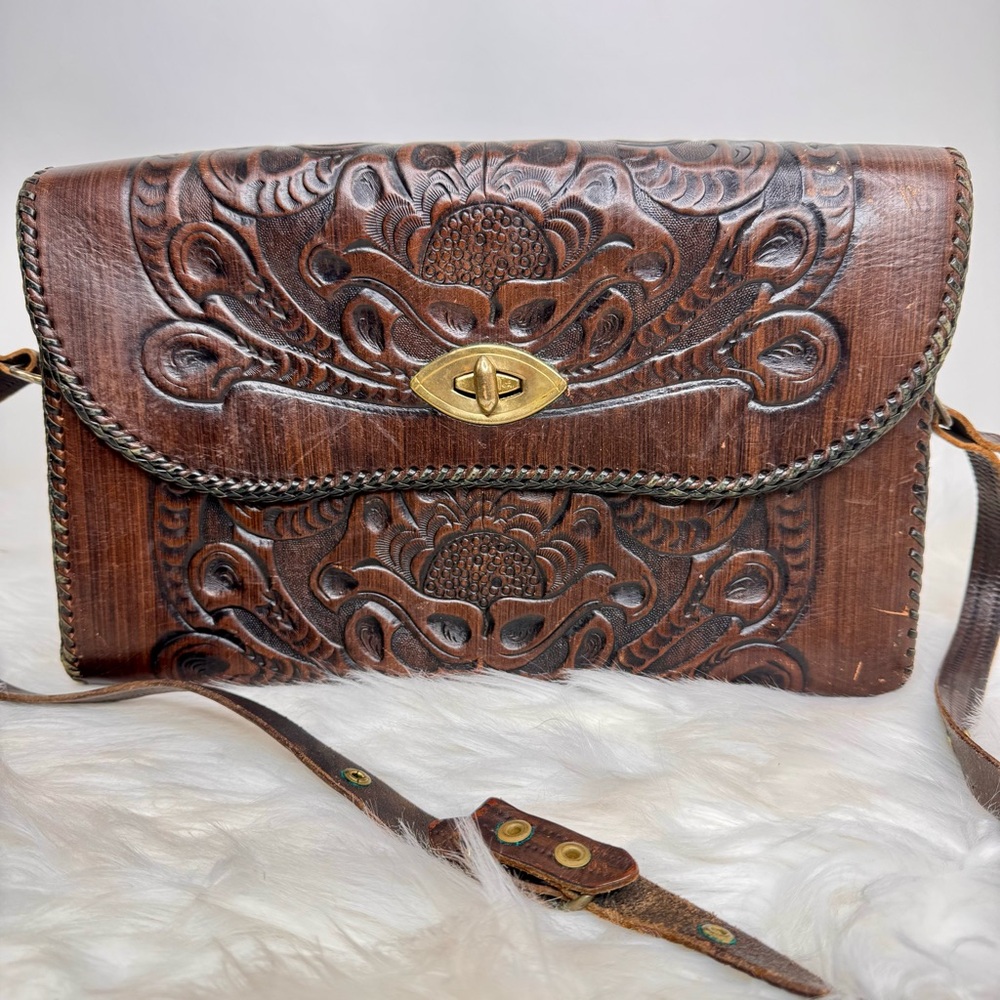 Vintage Leather Joo Kay Hand Tooled Large Handbag